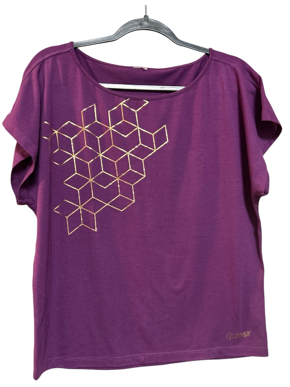 Zumba Fitness®️ Purple Short Sleeve Scoop Neck Top with Gold Geometric Print